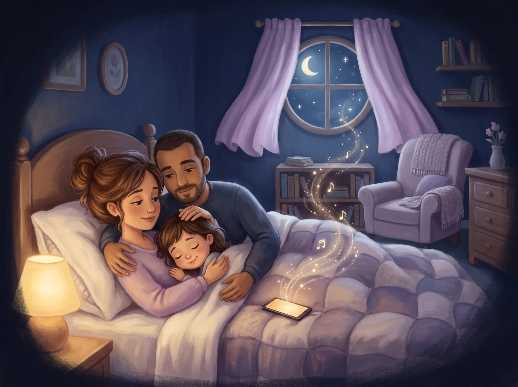 Ilustração de uma mãe e um pai deitados na cama com a filha pequena, abraçados, ouvindo uma historinha no celular à noite, com a lua na janela