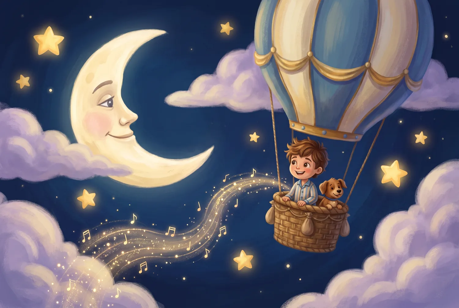 Ilustração de um menino e seu cachorro num balão entre as estrelas, ao lado de uma lua sorridente